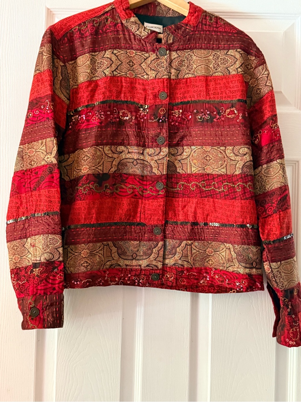 Chico's Red and Tan Patchwork Button-Front Jean Jacket